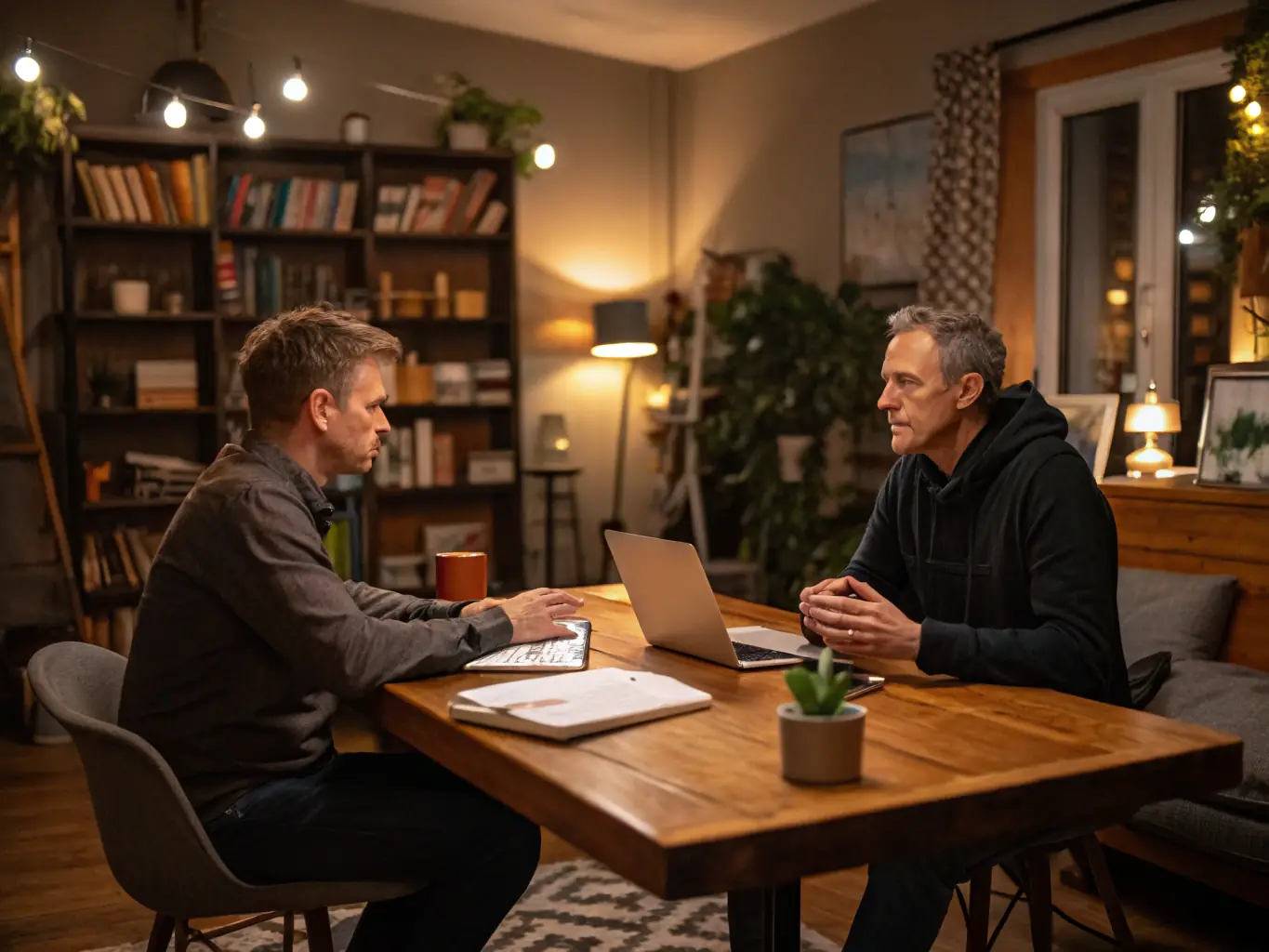 An inspiring image of a coach guiding a startup founder through a reflective exercise in a cozy office setting, symbolizing mindset coaching.