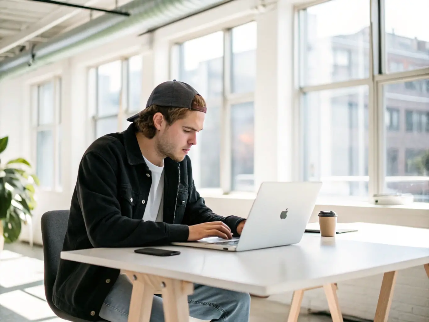 A determined startup founder is deeply engrossed in a one-on-one coaching session, focusing intently on the coach's guidance, set against the backdrop of a modern, minimalist office space.