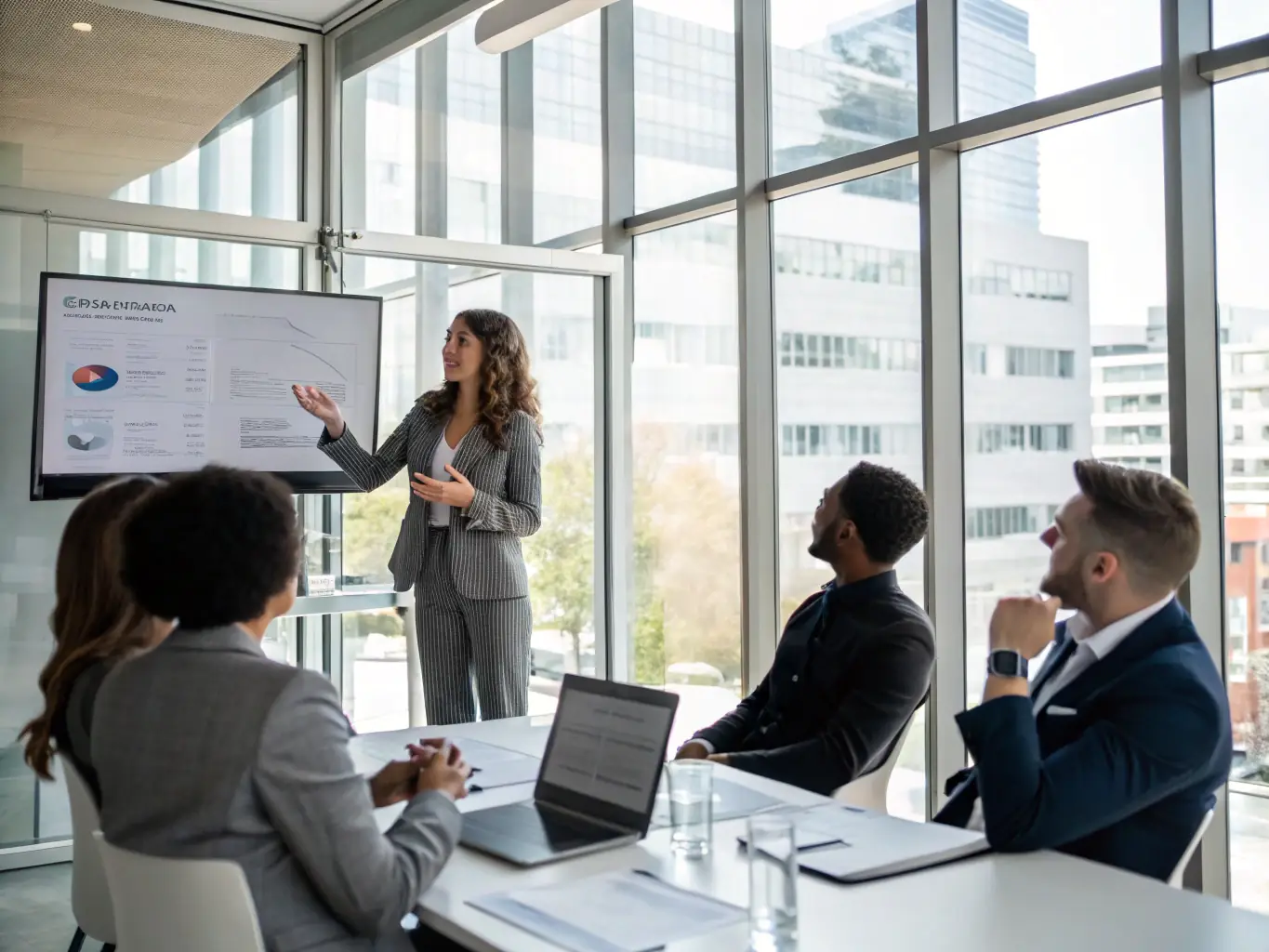 A dynamic startup founder is confidently delivering a pitch to a panel of investors, showcasing their innovative idea with passion and clarity, in a modern conference room setting.