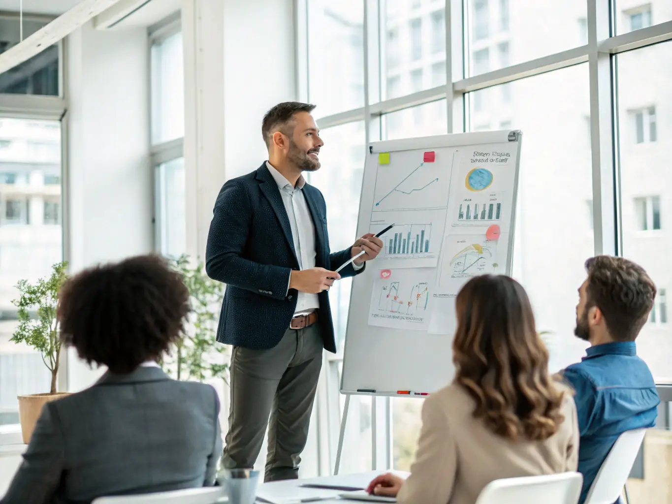 A confident entrepreneur practicing their pitch in front of a small audience with visual aids, representing pitch training.