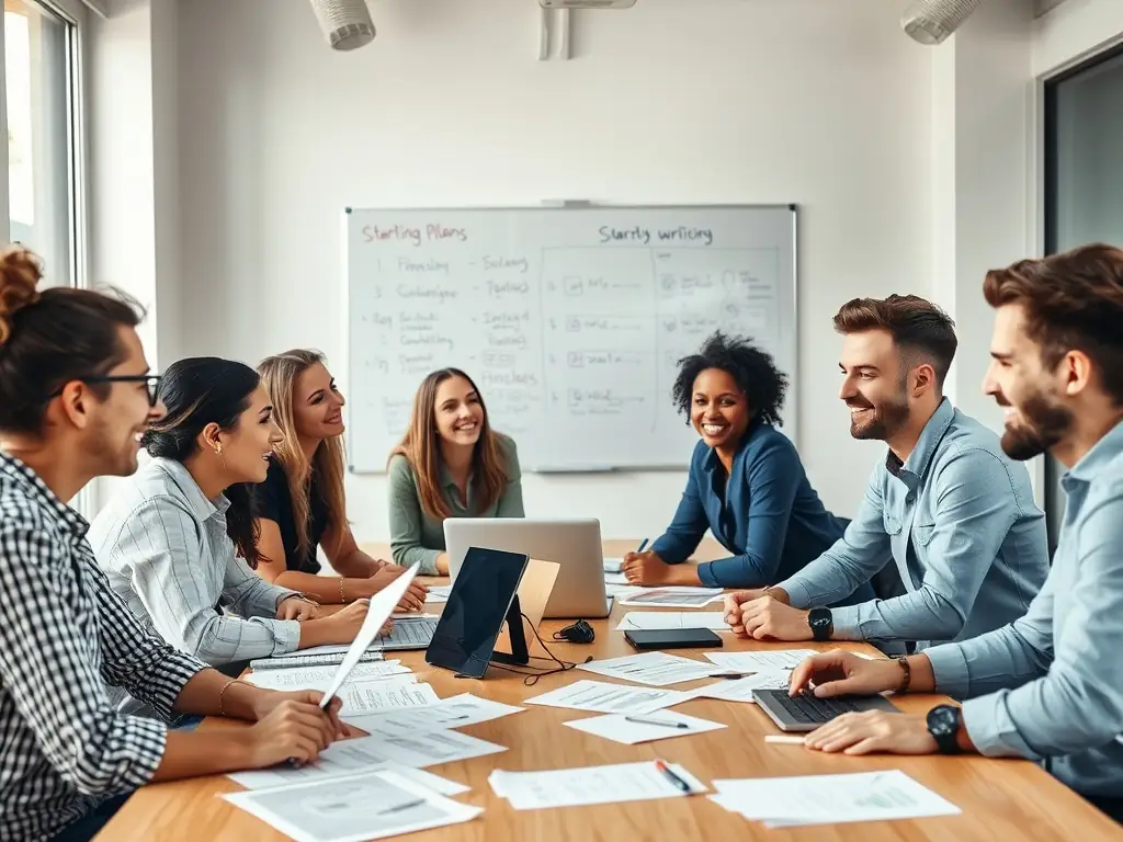 A diverse team of startup founders is collaboratively brainstorming scaling strategies in a vibrant, open-plan office, surrounded by whiteboards filled with growth plans and market analysis.